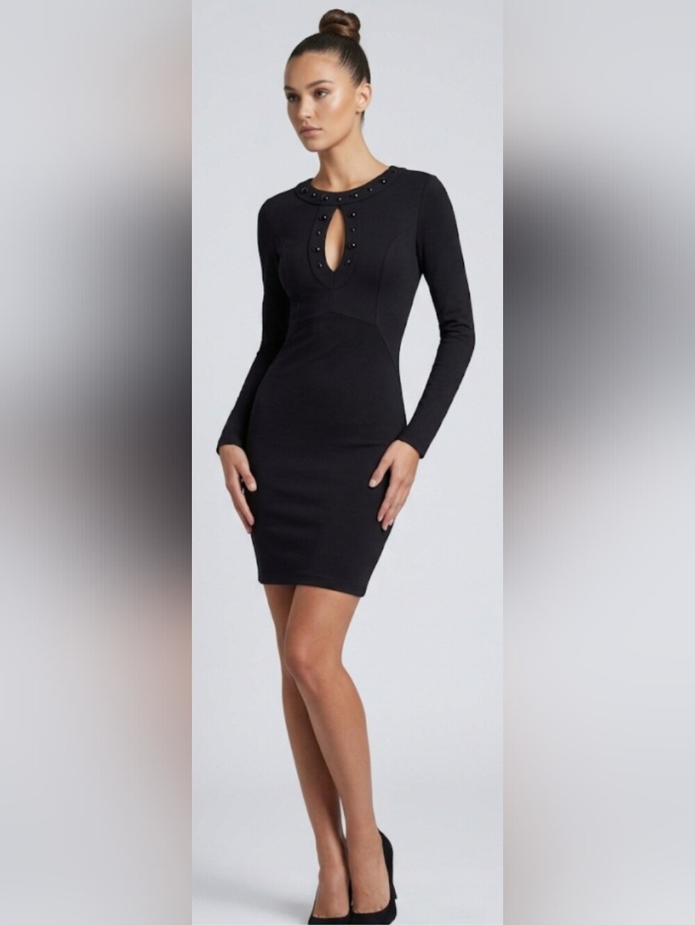 Kardashian Kollection Black Long-Sleeve Stud Keyhole Bodycon Mini Dress Small